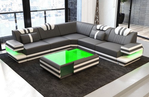 Leather couch corner sofa - , led